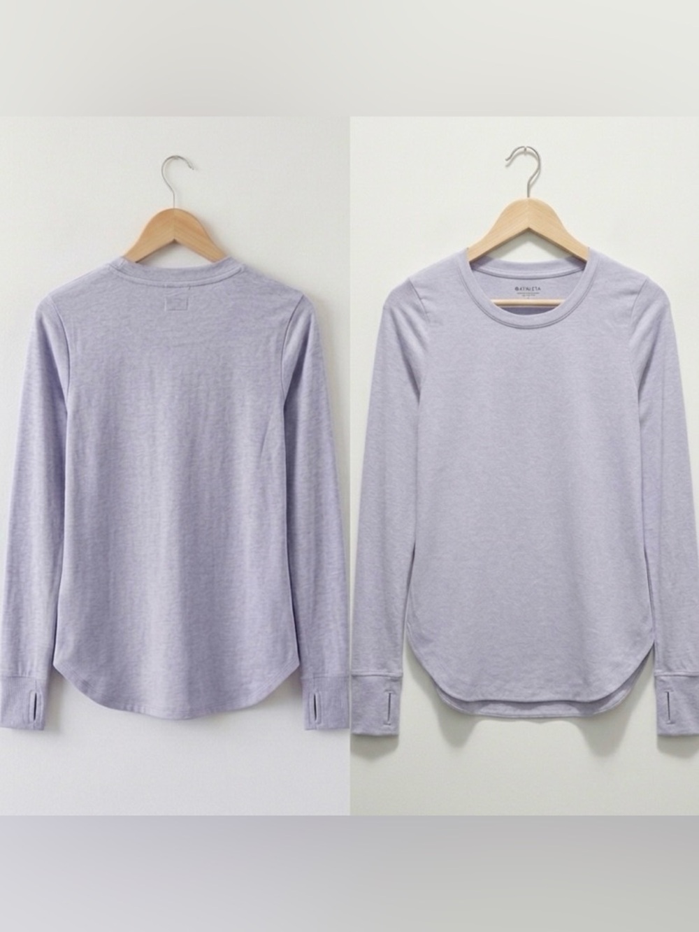 Athleta Light Lavender Purple Long Sleeve Crew Neck Thumbhole Tee Split Hem NWOT